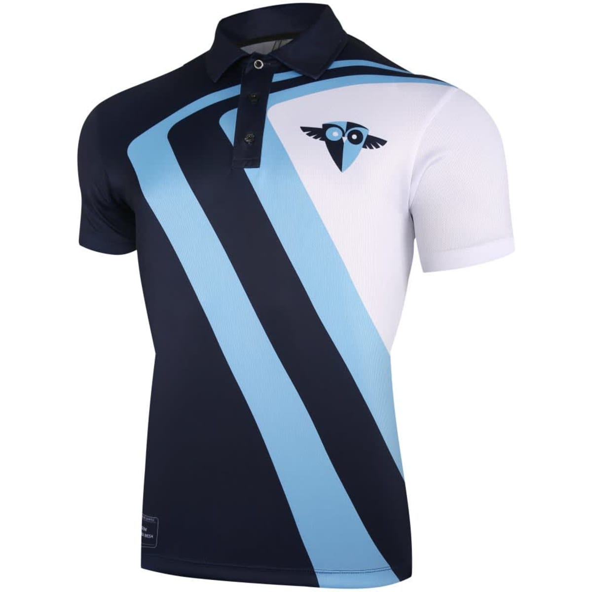A navy and white polo shirt with a graphic design in light blue and a logo on the chest.