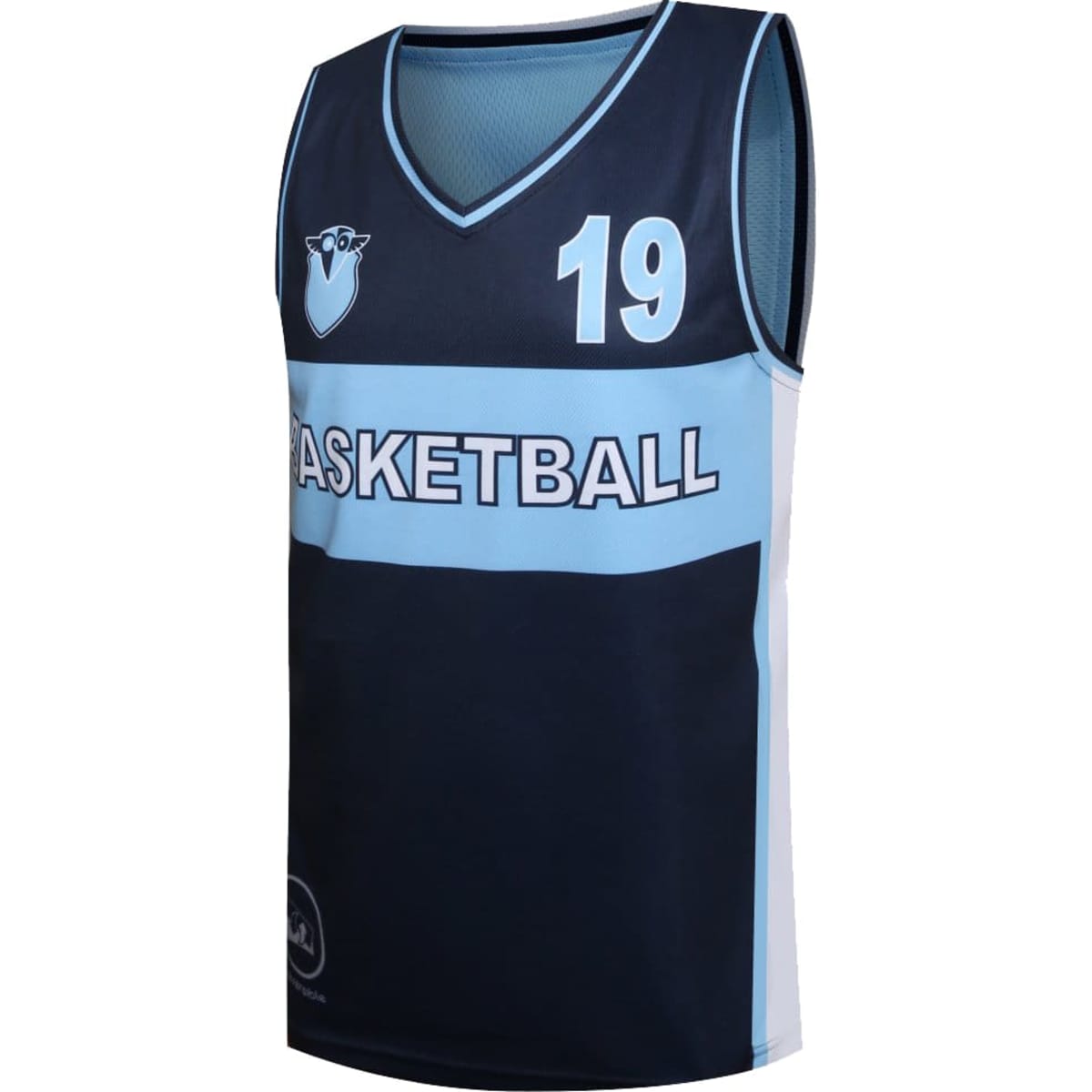 A reversible basketball top featuring navy and light blue colours, with a logo and the word "BASKETBALL" on it.