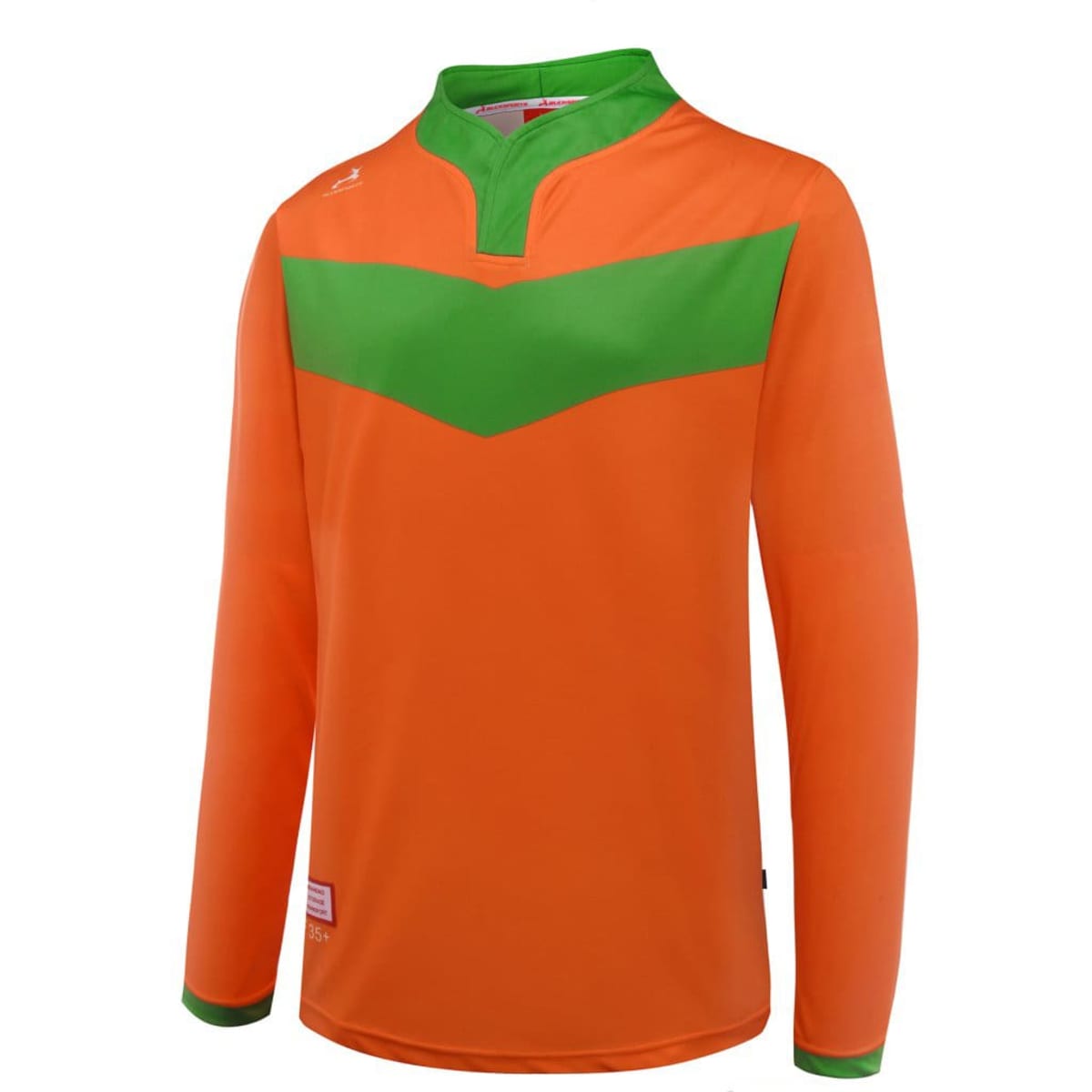 An orange long-sleeve shirt with a green chevron design. The shirt has a collar and features a logo.