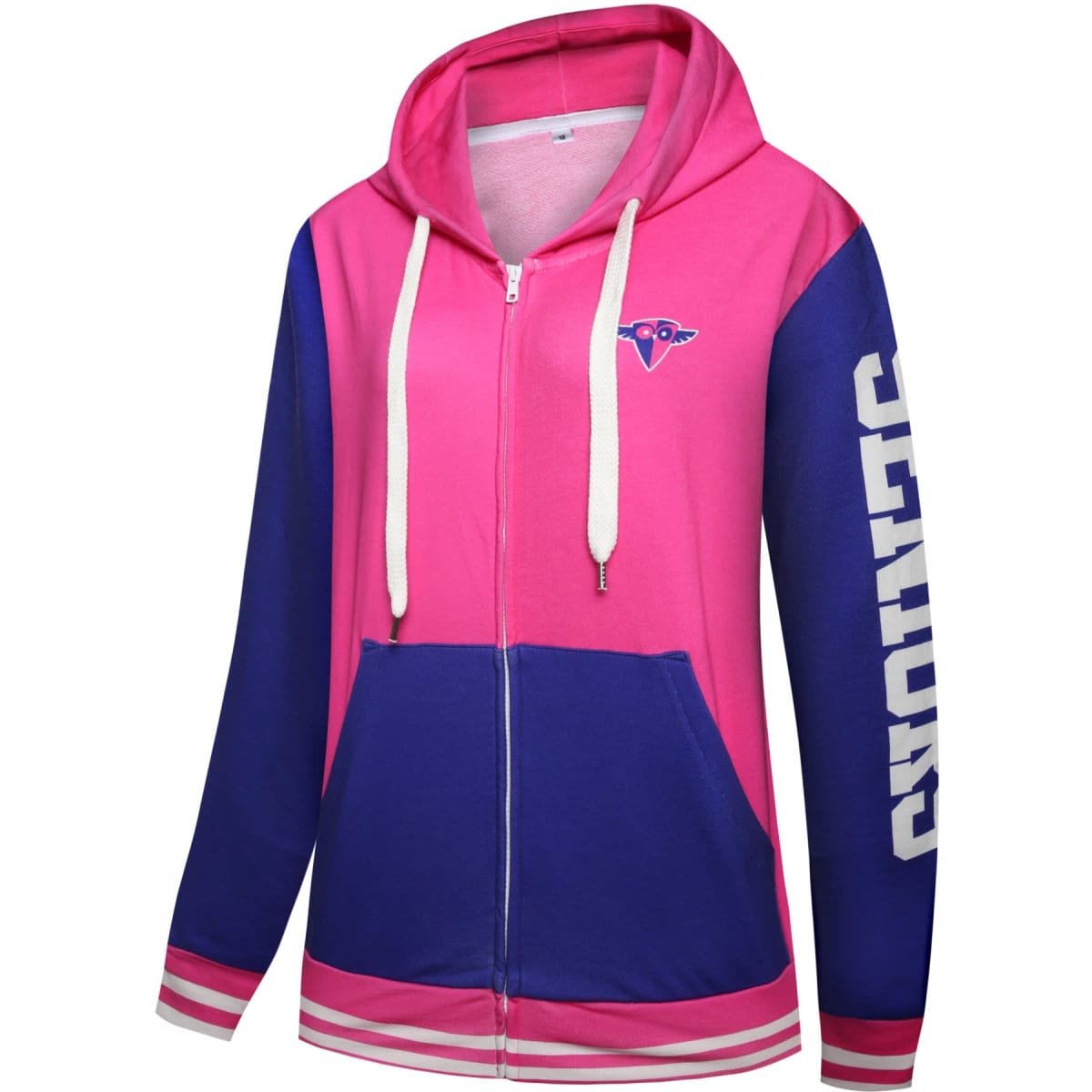 A pink and blue cotton hoodie with a front zipper and a logo on the chest. Features drawstrings and a stylish design.