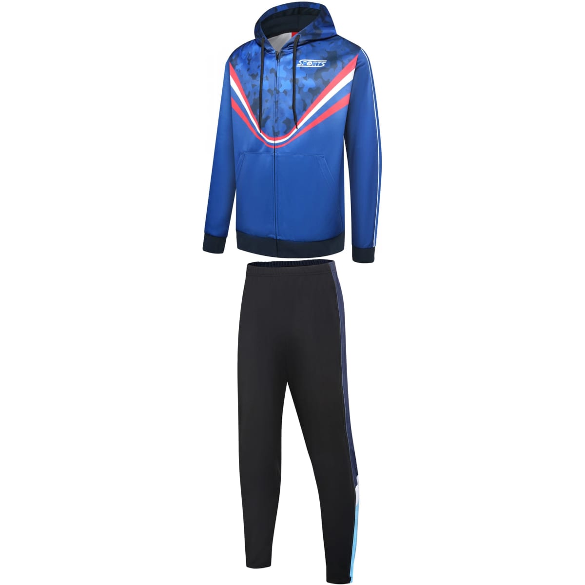 A blue tracksuit with a hood and black pants, featuring a logo and contrasting red and white stripes.