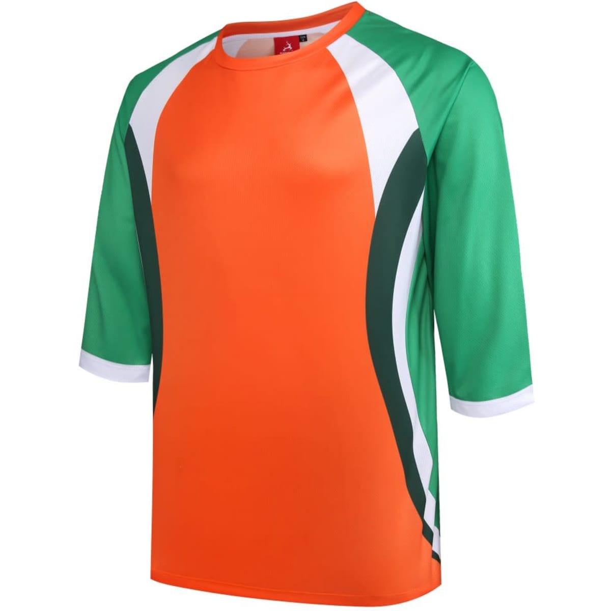 An orange and green 3/4 sleeve T-shirt with a sporty design and a logo on the chest area.