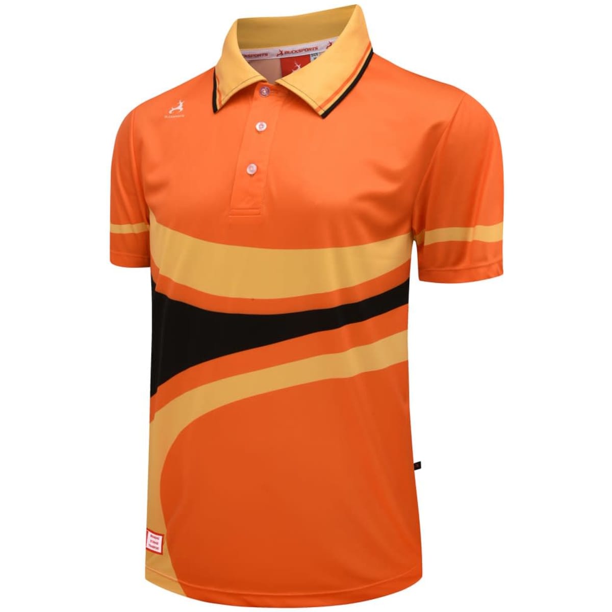 An orange polo shirt featuring black and yellow wave patterns, with a logo on the front.