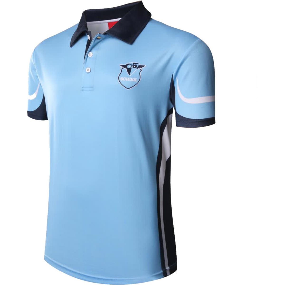 A light blue sublimated shirt featuring a navy collar and side panels, with a logo on the front.