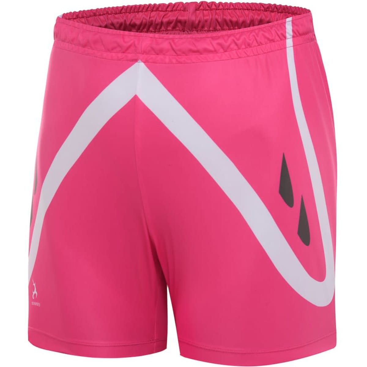 A pair of pink shorts featuring white and black designs, with an elastic waistband and no visible branding.