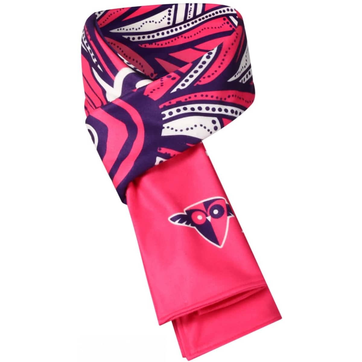 A scarf in vibrant pink and navy, featuring bold patterns and a logo.
