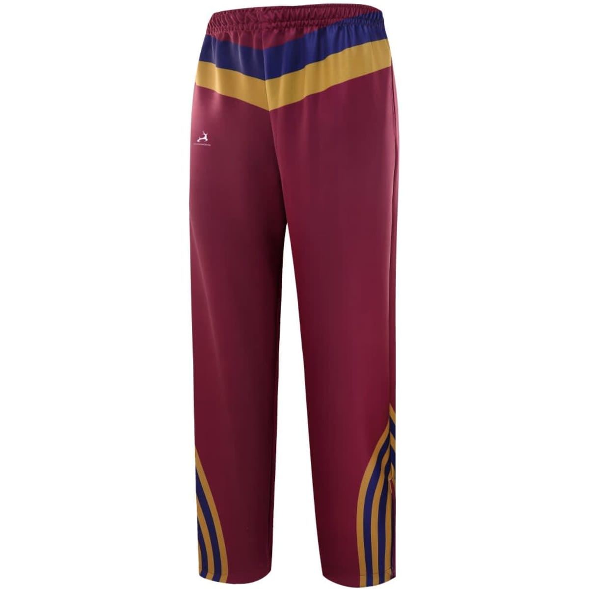 Zipper bottom training pants in maroon with blue and gold accents, featuring an emblem or logo.