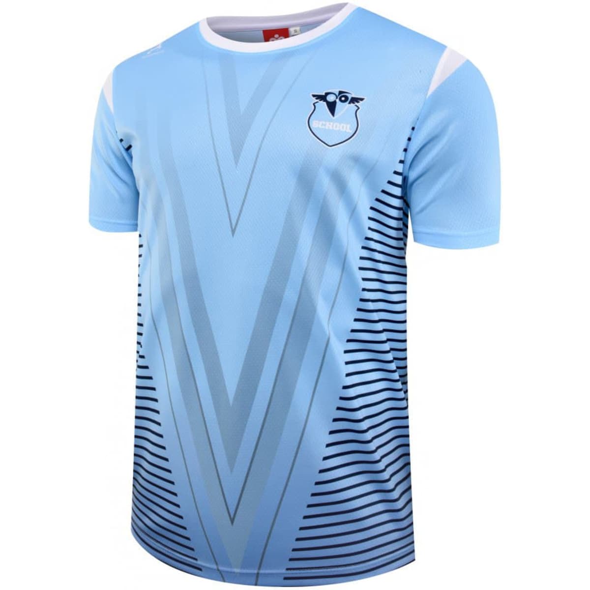 A round neck tee in light blue with dark blue stripes and a logo on the chest.