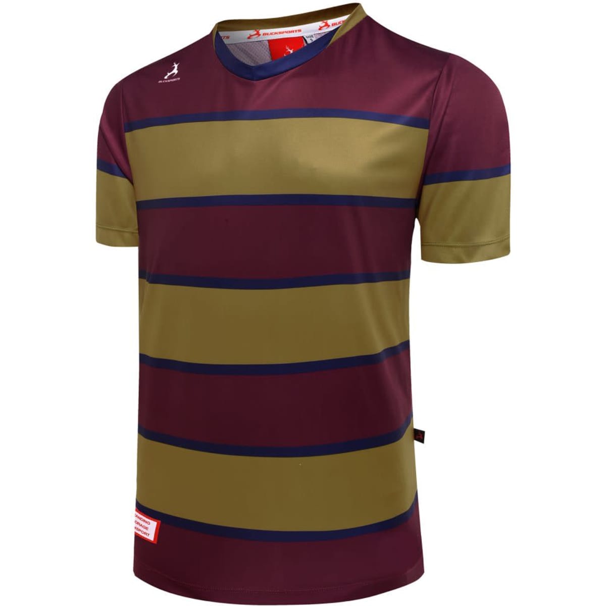 A short-sleeved striped tee in maroon and olive green with a logo and tags visible.