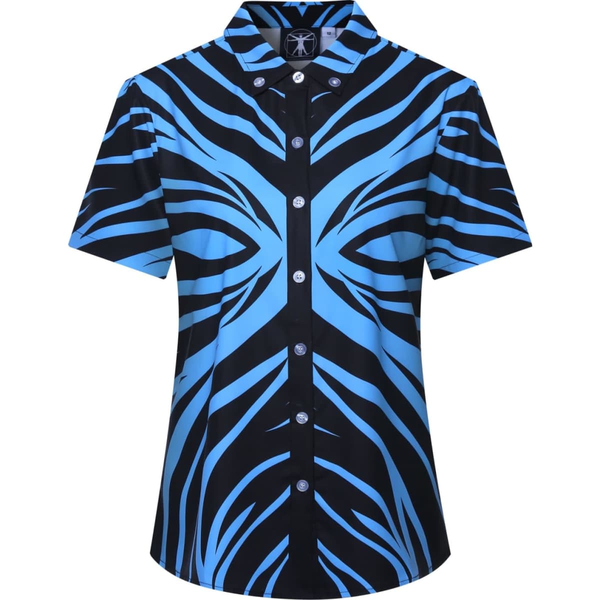 A short-sleeved shirt featuring a blue and black zebra stripe pattern, with a button-up front and a collar.