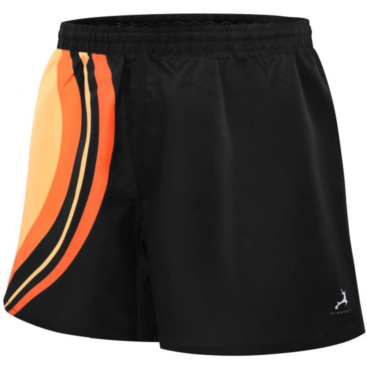 Twill shorts in black with orange and yellow stripes, featuring a logo on the side.
