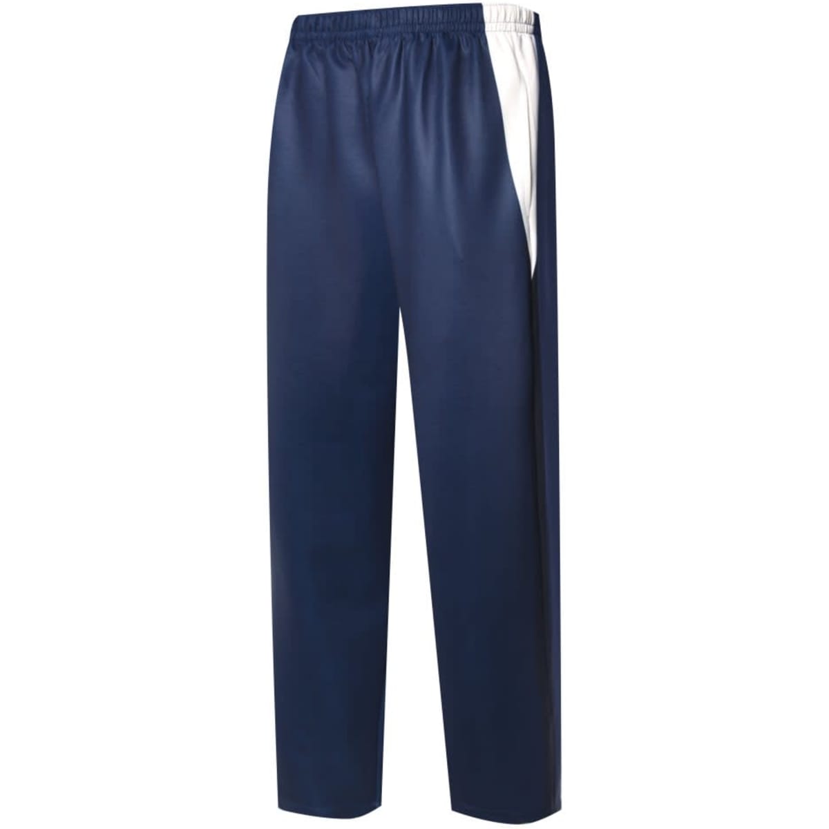 Navy track pants with a white side panel, featuring an elastic waistband and a sleek design.