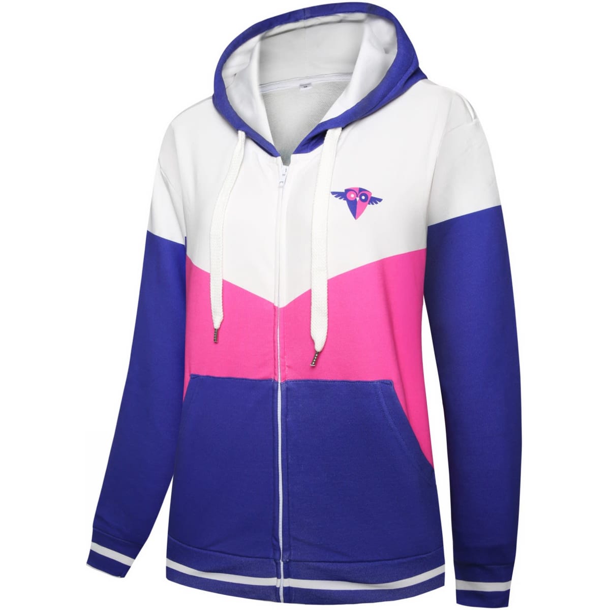 A cotton hoodie in blue, white, and pink with a logo on the chest and a full zip. It features a hood and drawstrings.