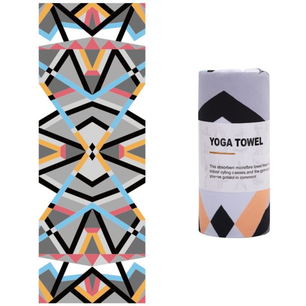 A yoga towel featuring a geometric pattern in colours like black, blue, pink, and yellow, packaged with branding.