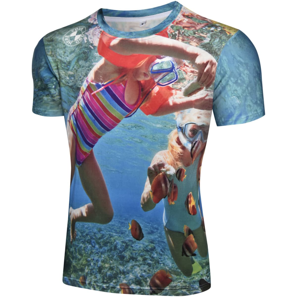 A vibrant cotton tee featuring a colourful underwater scene with two individuals snorkelling and tropical fish.