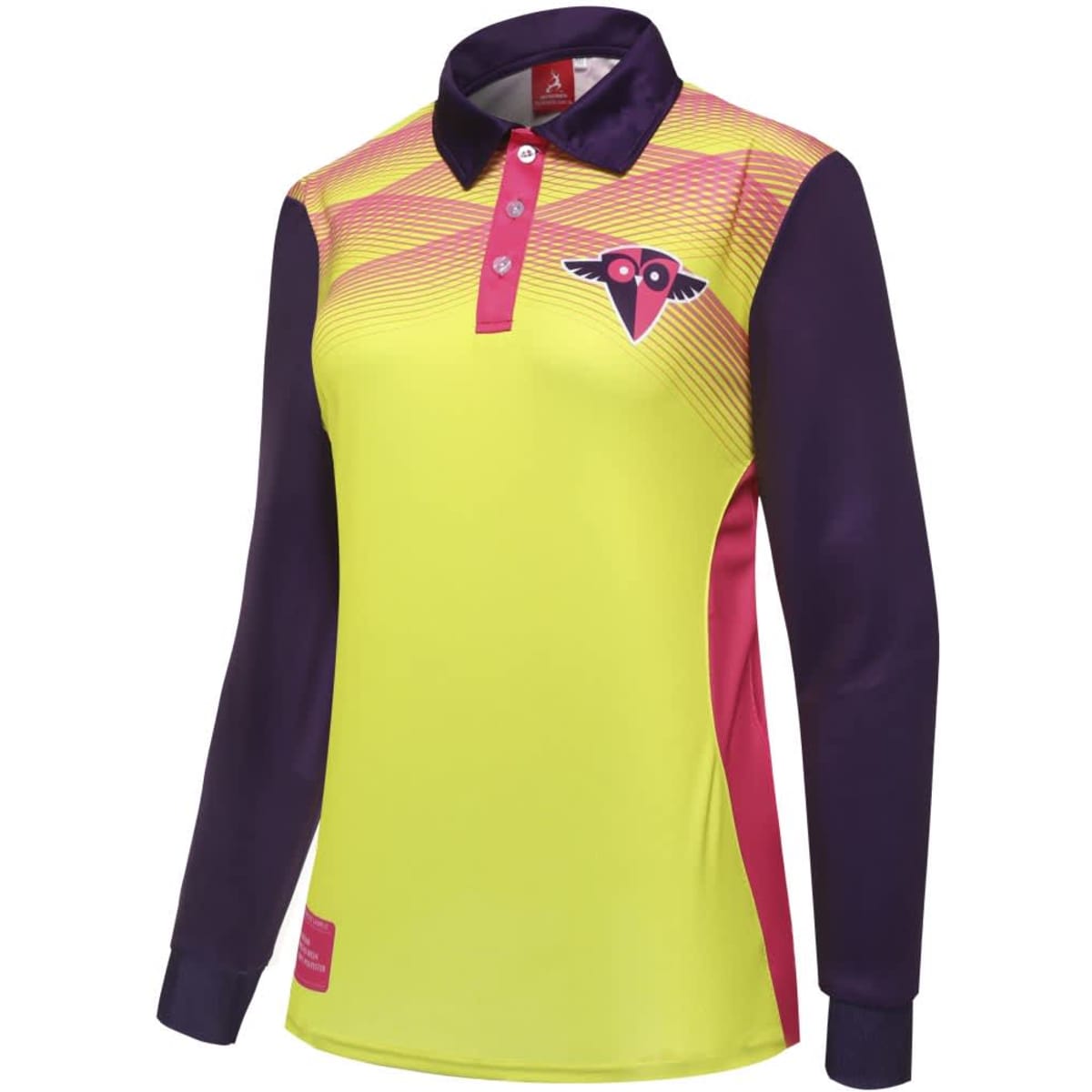 A fluorescent yellow polo shirt with purple sleeves and pink accents. Features a logo on the chest.