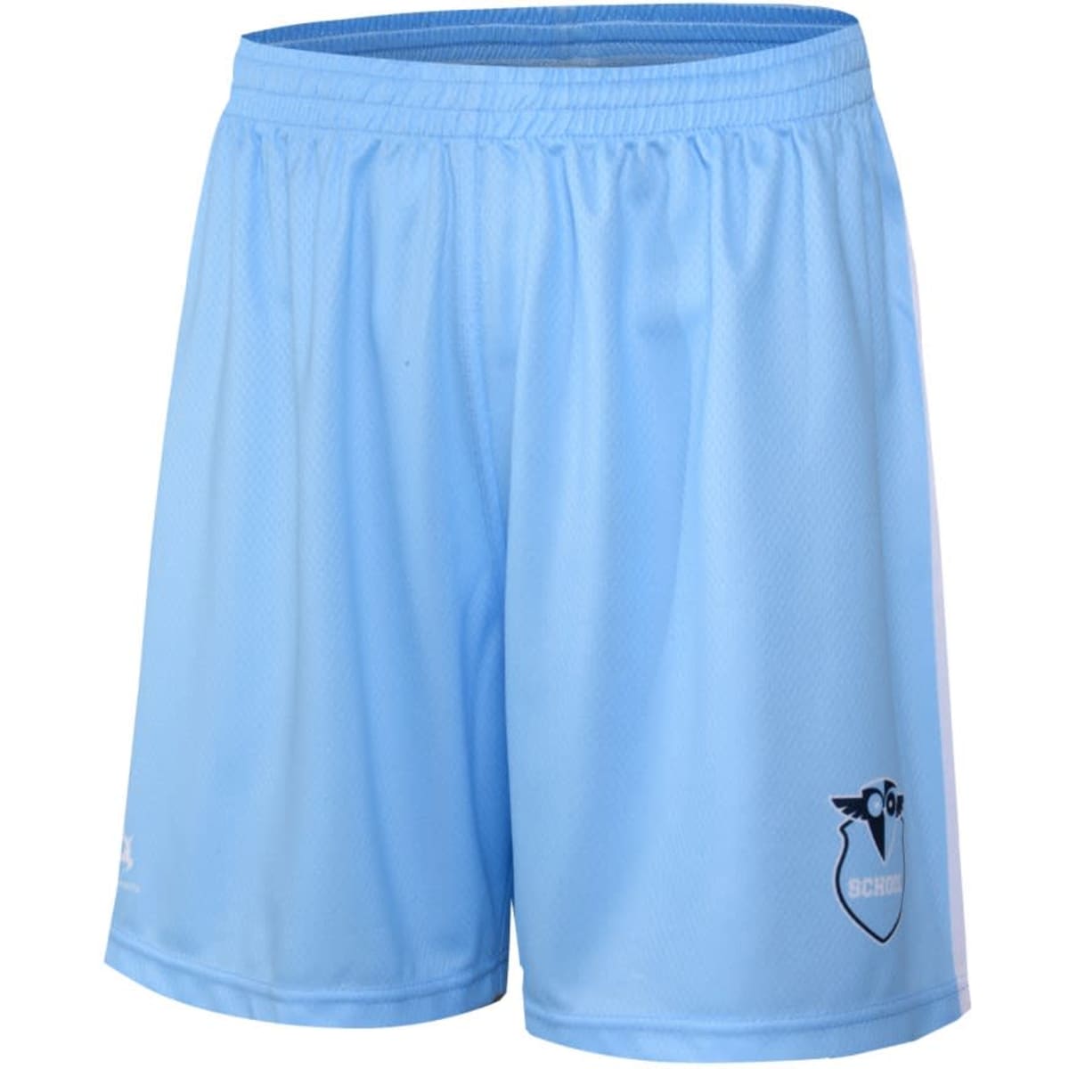 Light blue athletic shorts with an emblem and an elastic waistband.