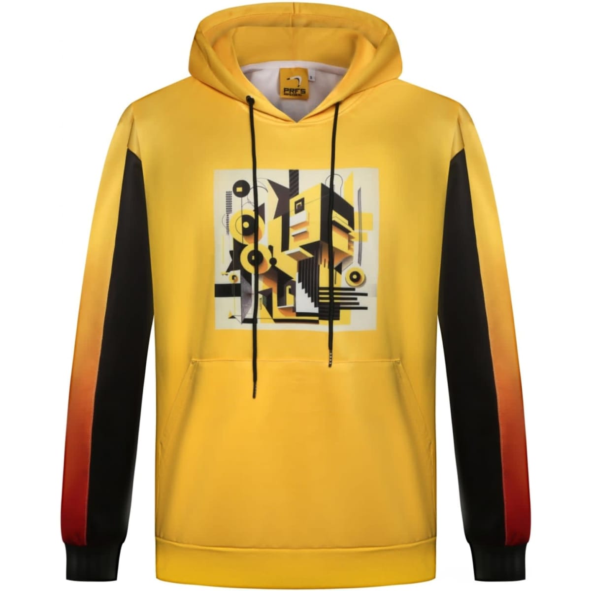 A yellow hoodie featuring a graphic design on the front, with black and red contrasting sleeves. It has a drawstring hood.