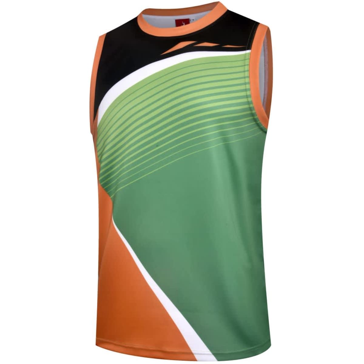 A sleeveless sports top featuring a vibrant design with green, orange, and black colours, and a logo.