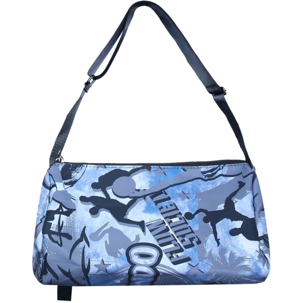 A duffle bag in blue with a patterned design featuring silhouettes and a shoulder strap. It includes a branding logo.