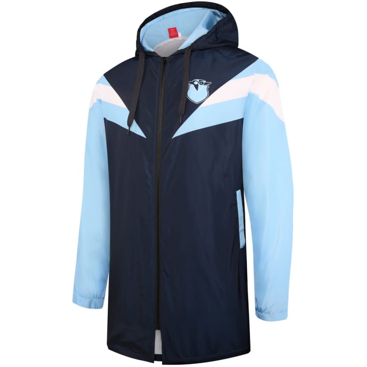 A water-resistant jacket in navy blue and light blue, featuring a hood and a logo on the upper left side.