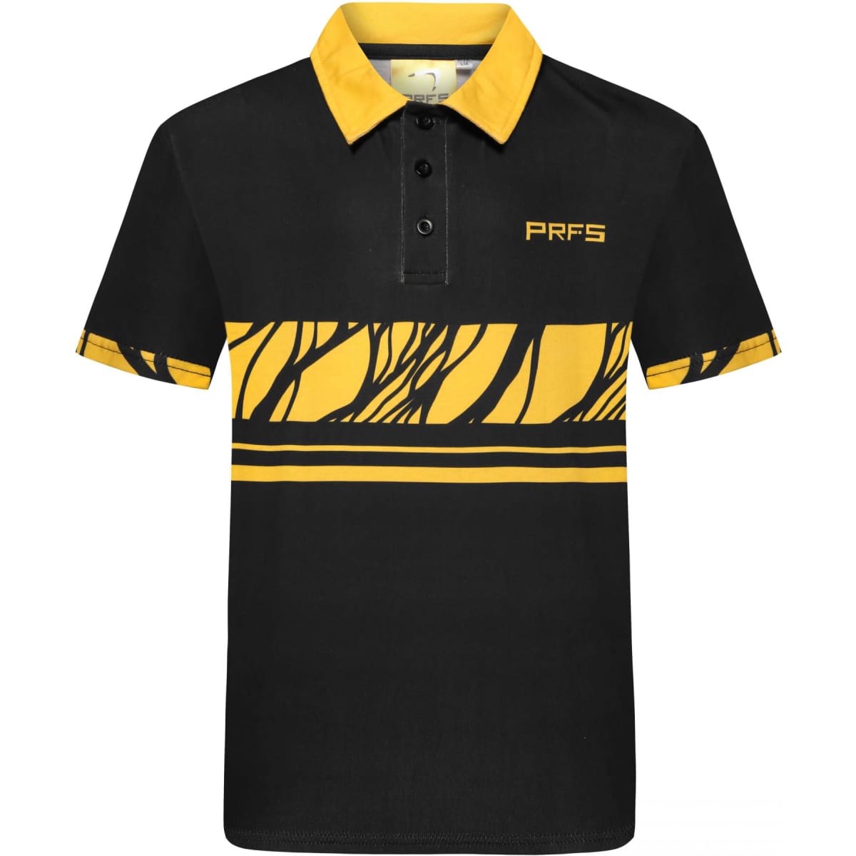 A black and yellow Hawaiian shirt featuring a geometric design and a logo on the chest.