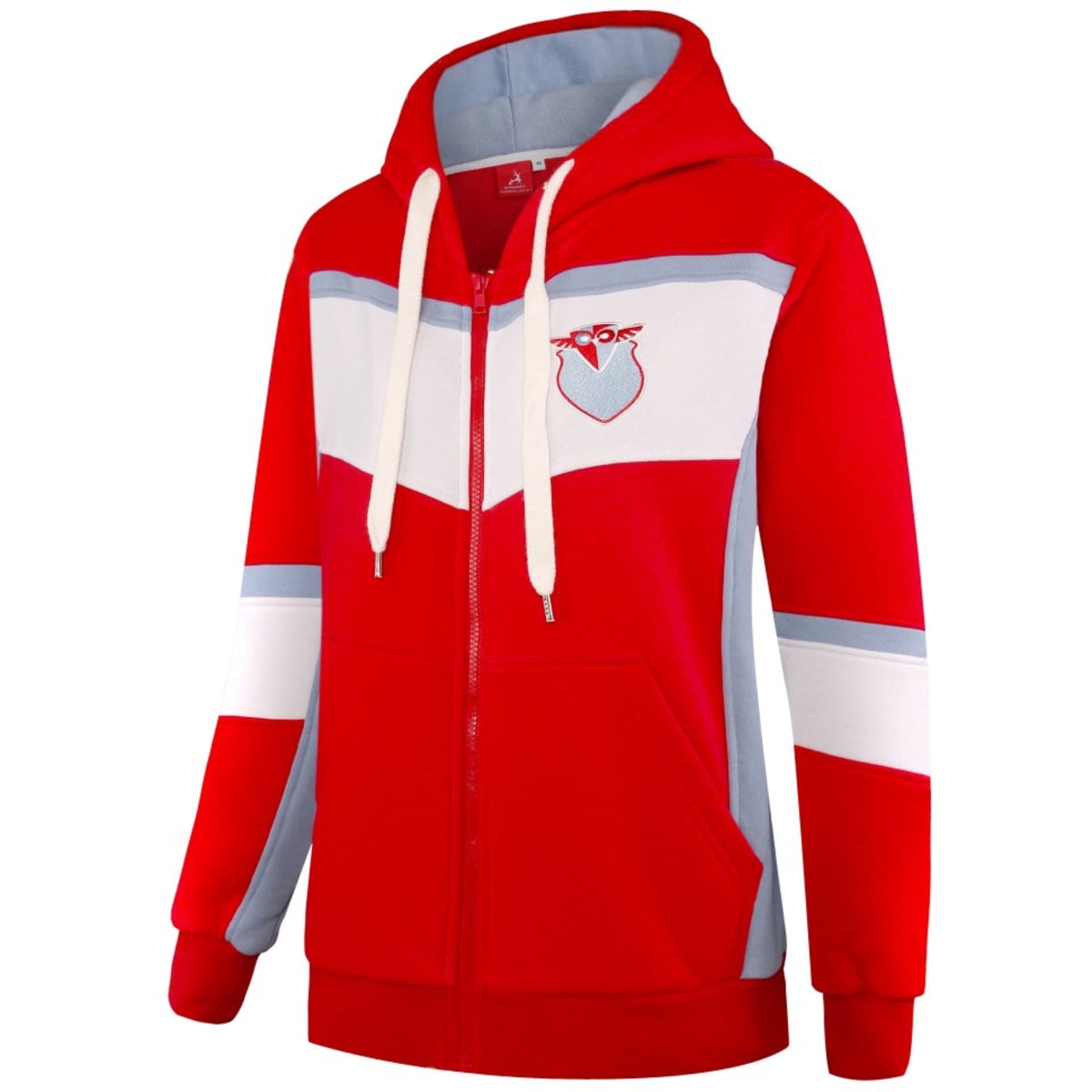 A red polar fleece hoodie featuring white and grey stripes and a front zip. It has a logo on the chest.