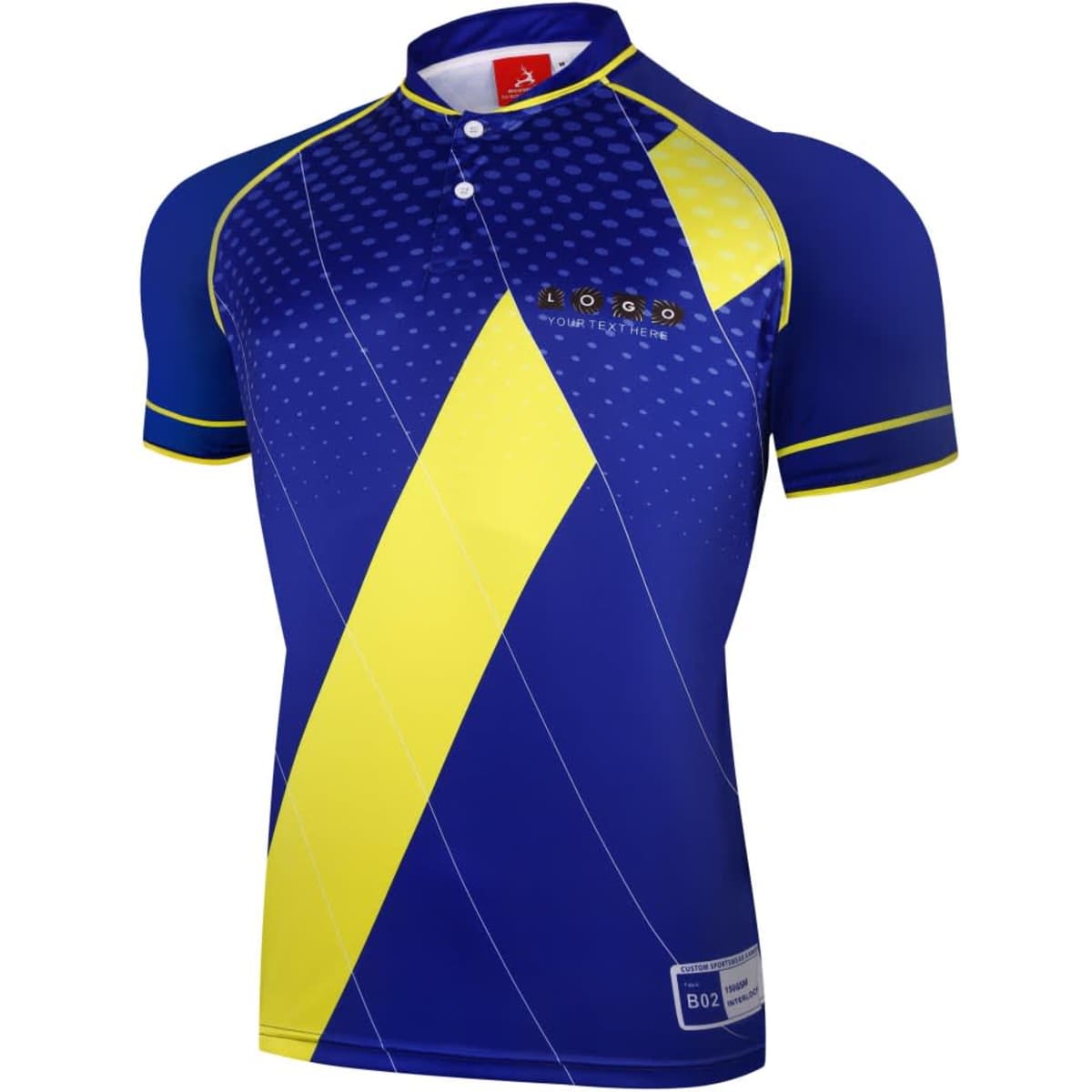 A blue and yellow golf collar polo with a logo, featuring a stylish design and short sleeves.