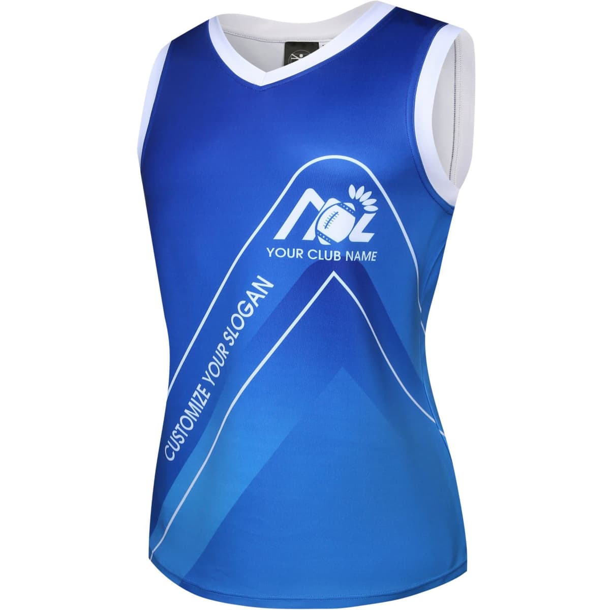 A blue AFL singlet featuring a sleeveless design and a logo, with space for customised text.