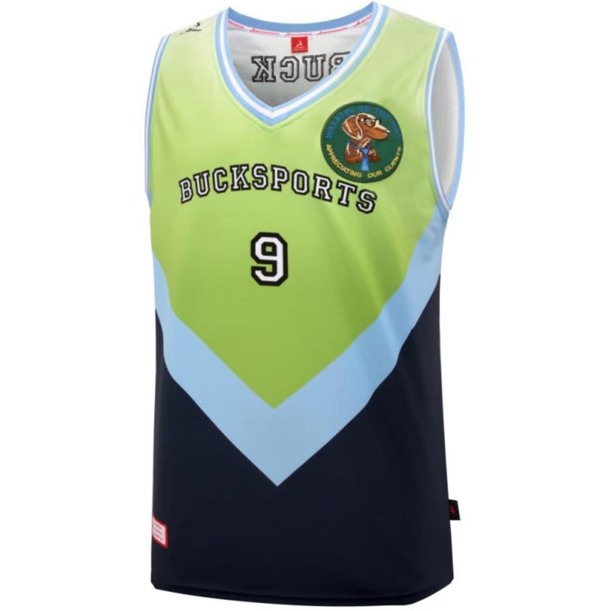 A green and navy basketball singlet with a logo, featuring a v-neck and sleeveless design.