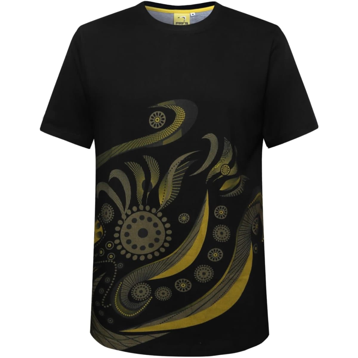 A black cotton T-shirt featuring a vibrant, artistic design in yellow and green tones. The shirt includes a logo.
