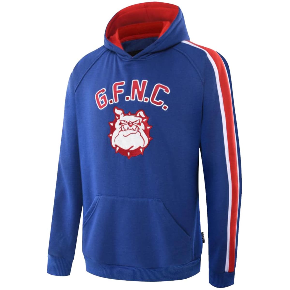 A blue polar fleece hoodie with red accents and a logo on the front. It features a kangaroo pocket and hood.
