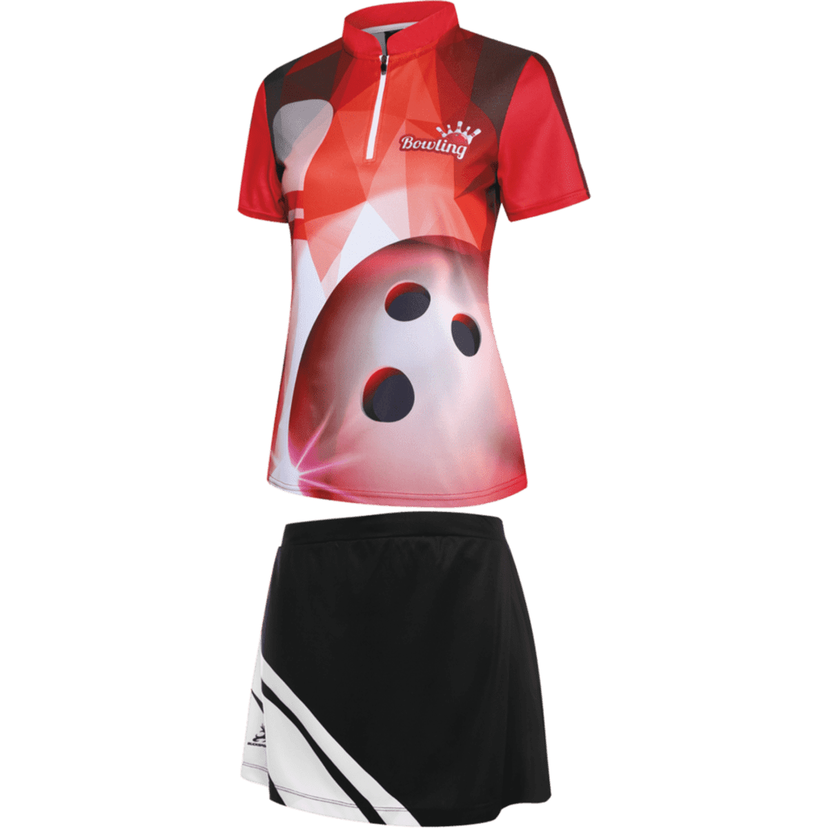 A red and black bowling team uniform featuring a short-sleeve jersey and a matching skirt, with a logo included.