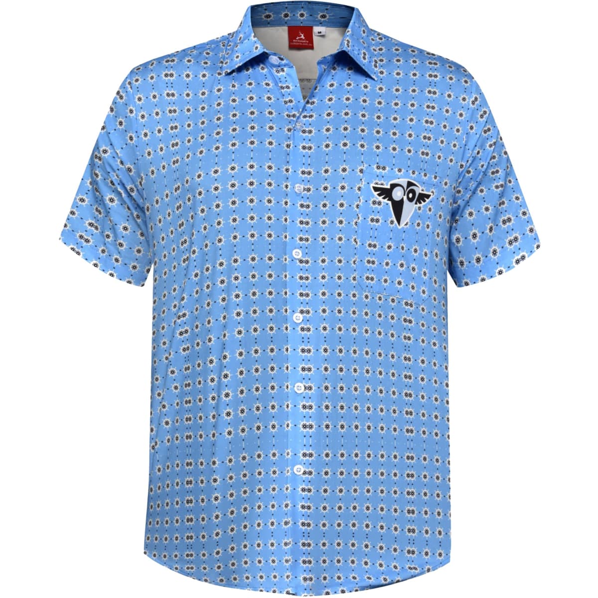 A blue checked shirt featuring a floral pattern and a logo on the chest pocket.