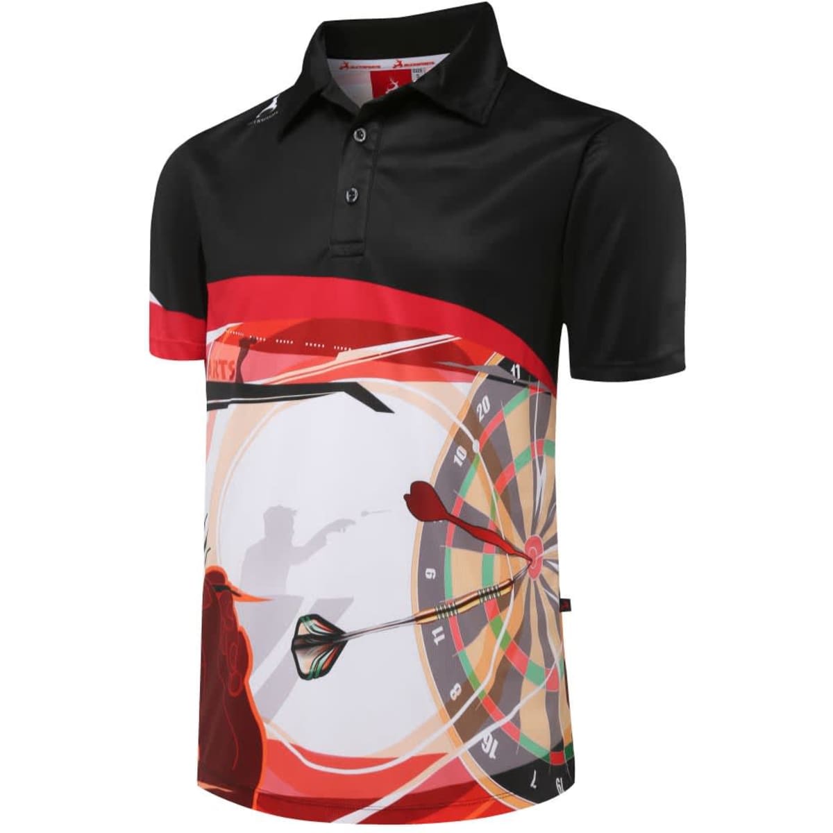 A black and red polo shirt with a dartboard graphic and a darts theme, featuring a logo on the chest.