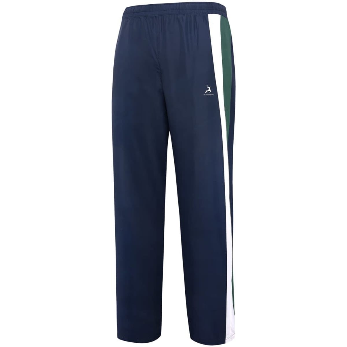 Cotton-lined pants in navy blue with green and white side stripes, featuring a logo.