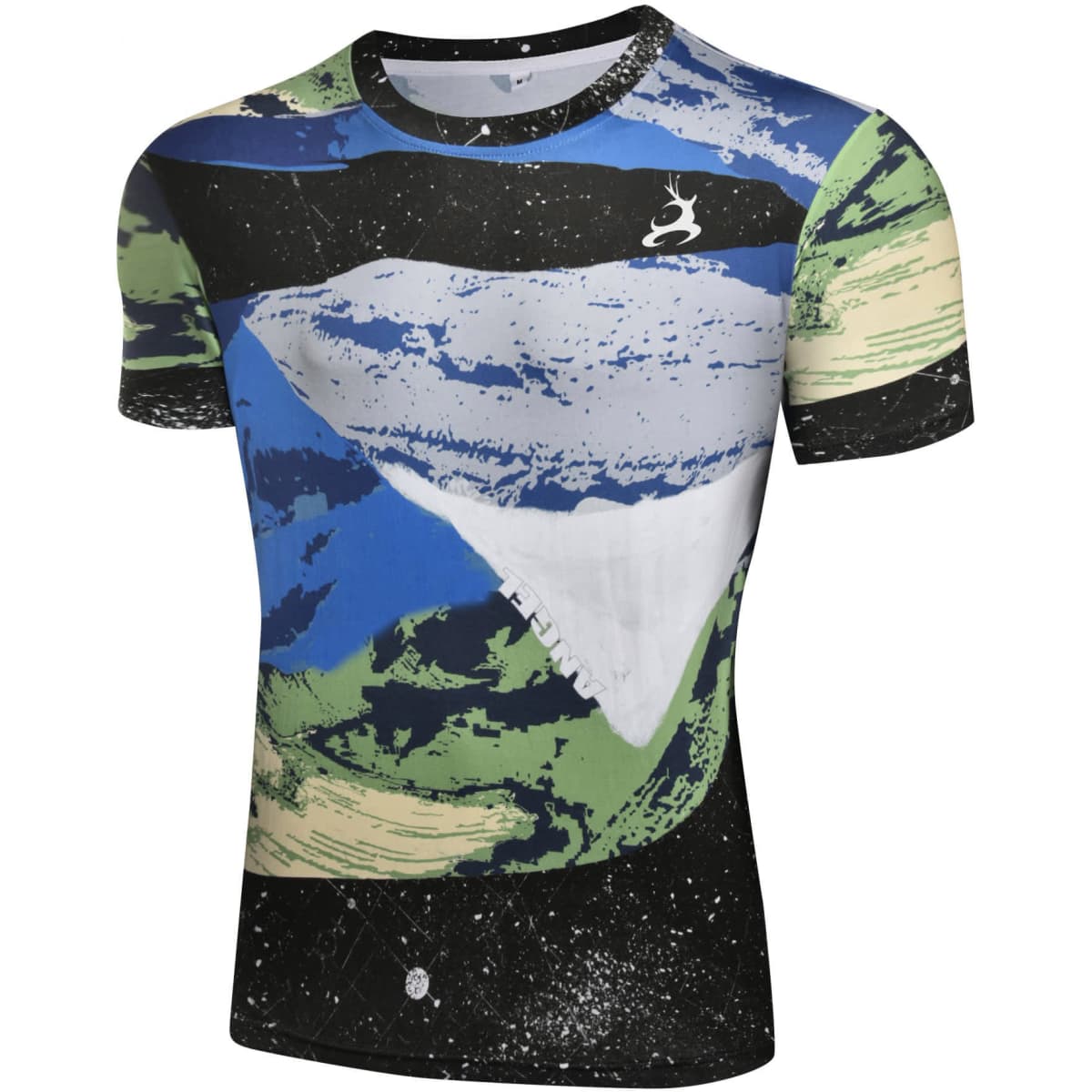 A custom-made printing cotton tee featuring a colourful abstract design with blue, green, white, and black patterns.