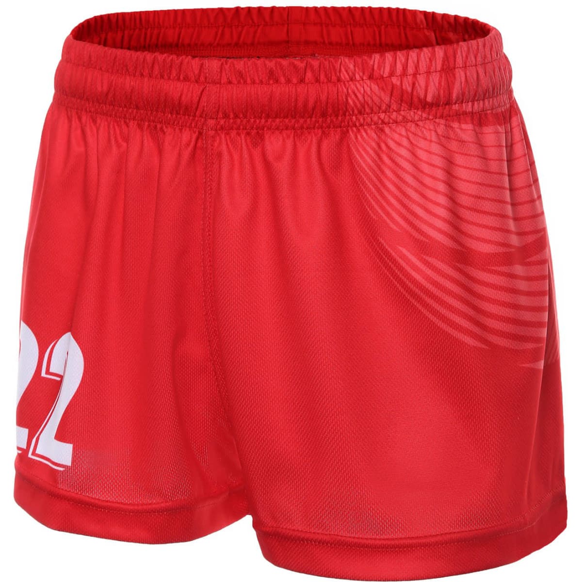 A pair of women's volleyball shorts in vibrant red, featuring a logo and a number on the side.