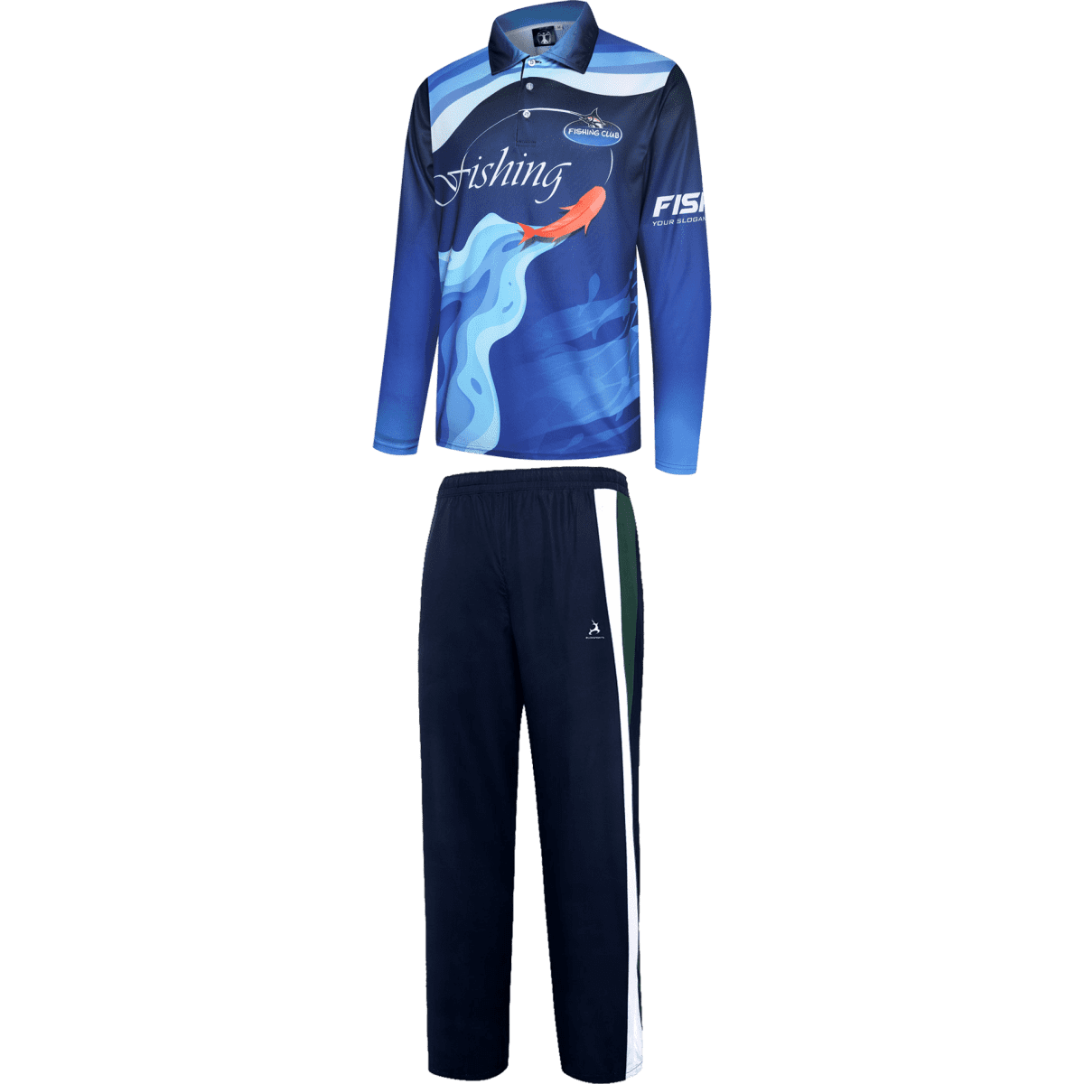 A fishing uniform featuring a blue long-sleeve jersey with aquatic designs and navy trousers with a white stripe, including a logo.