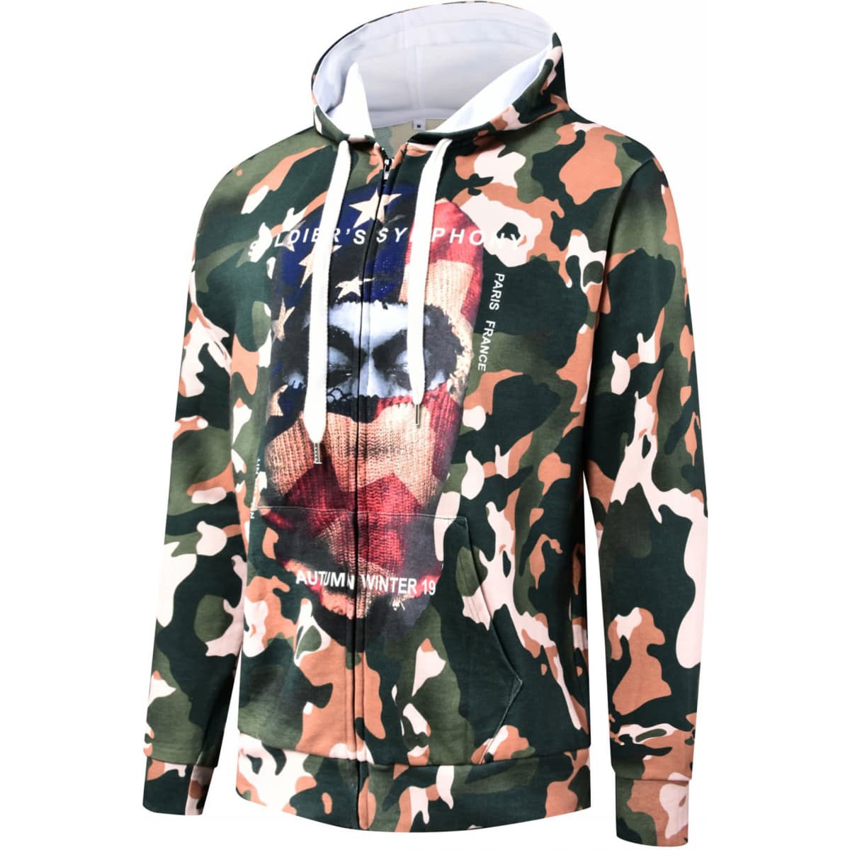 A camouflage hoodie featuring a graphic print on the front, with a zip-up design and white drawstrings.
