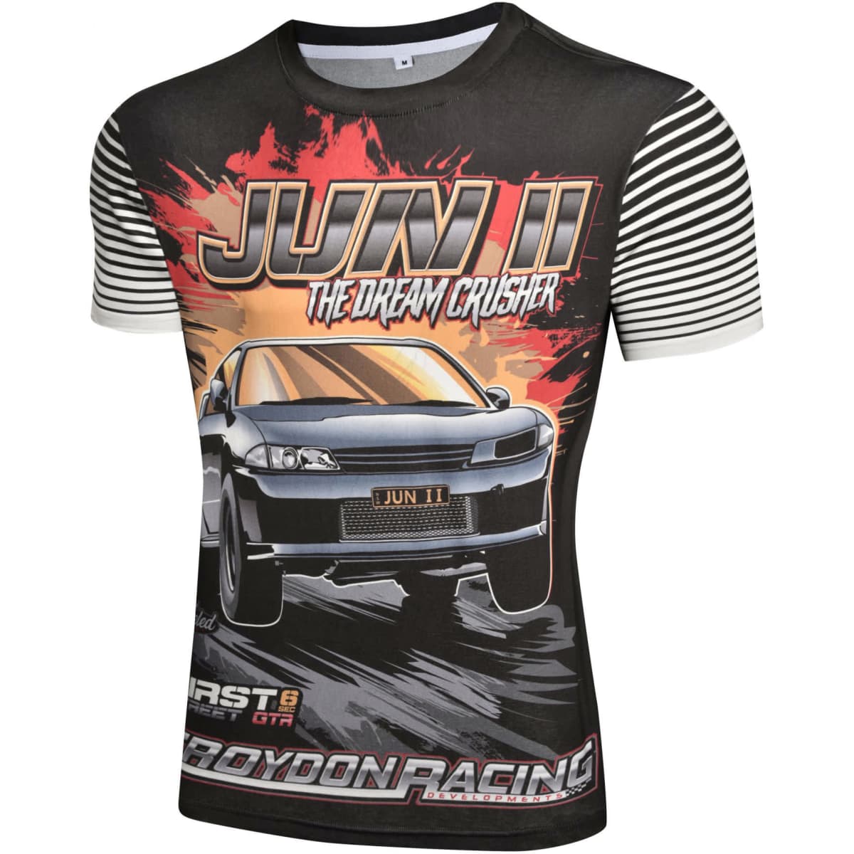 A short-sleeved black and white striped T-shirt featuring a car graphic and bold text.