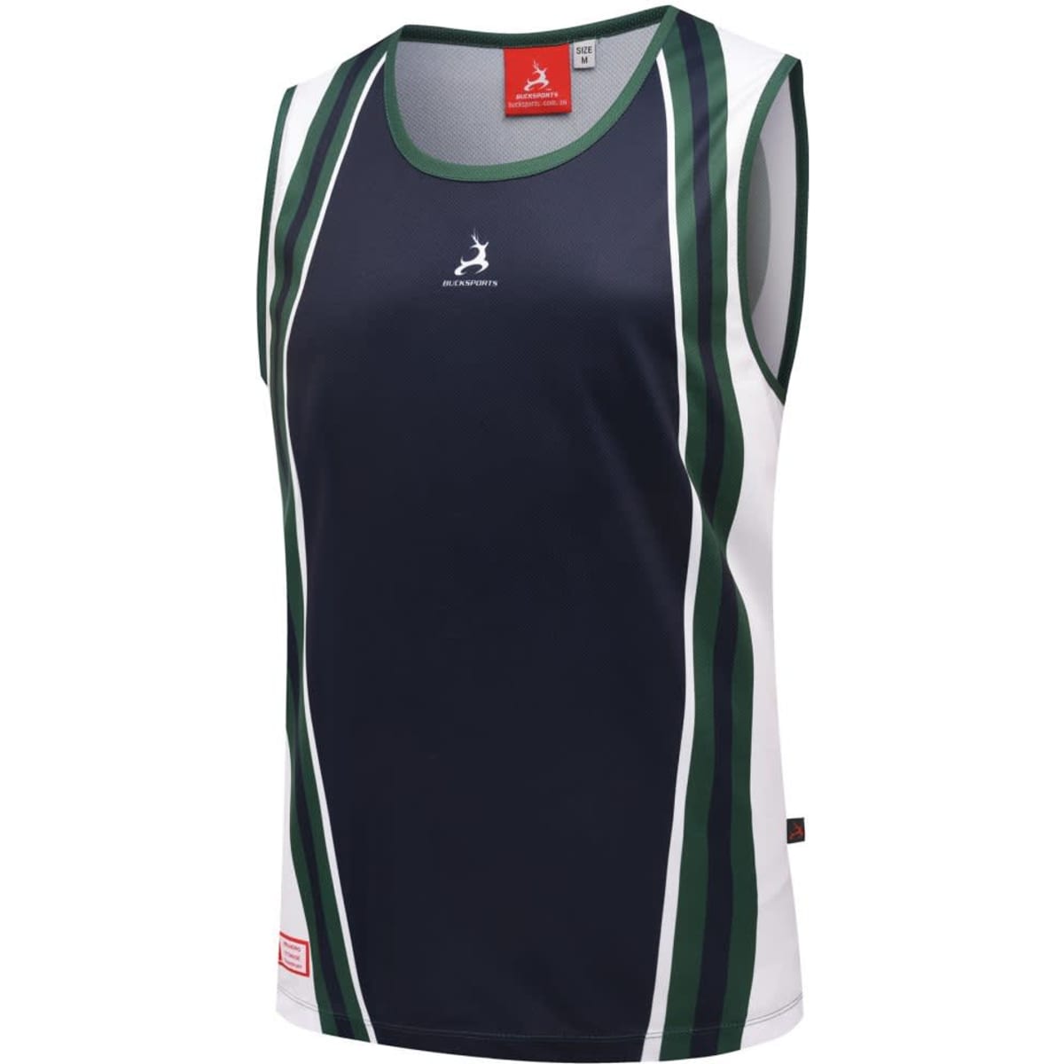 A sleeveless athletic singlet in navy blue with green and white stripes, featuring a logo on the front.