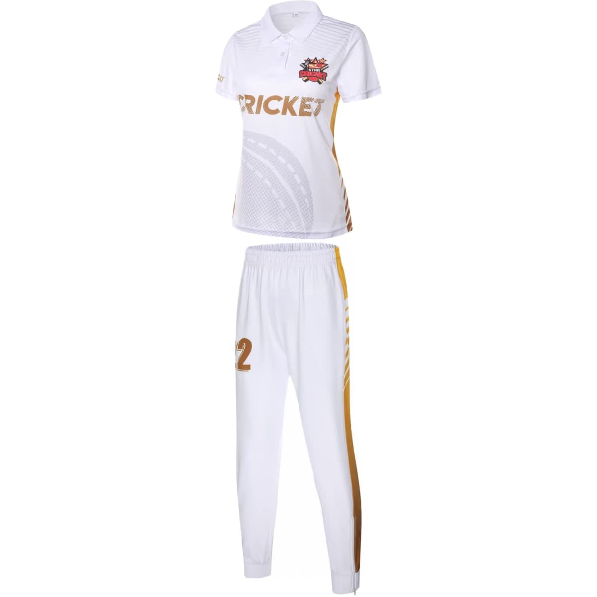 A white cricket uniform featuring a polo shirt and matching pants, with gold accents and a logo.