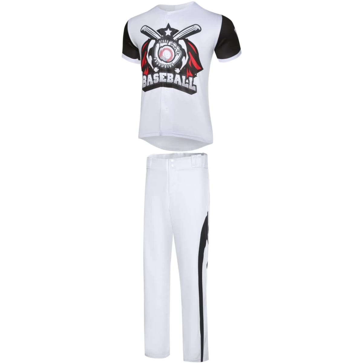 White baseball jersey with black sleeves and graphic design, paired with white pants featuring black accents.