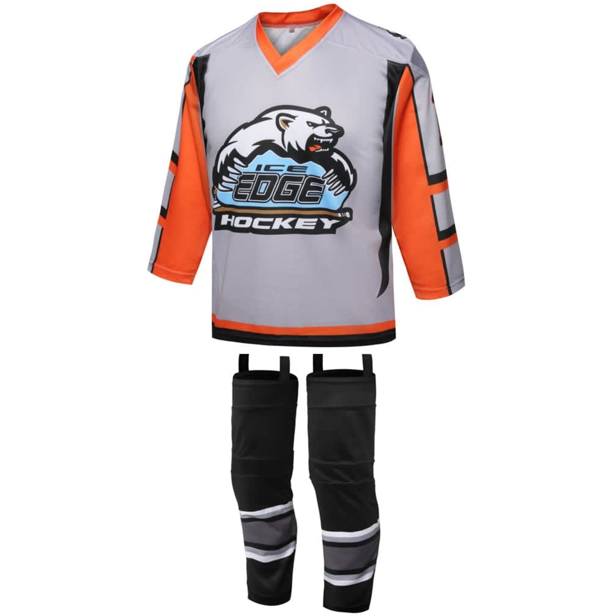 A grey and orange ice hockey jersey with matching black pants, featuring a logo on the front.