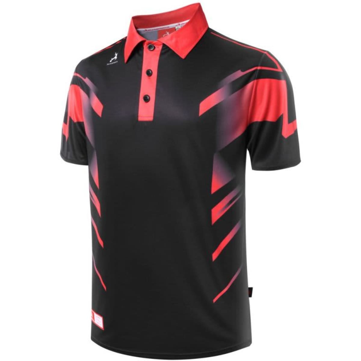 A black and red men's polo shirt with a pattern and a logo on the chest.
