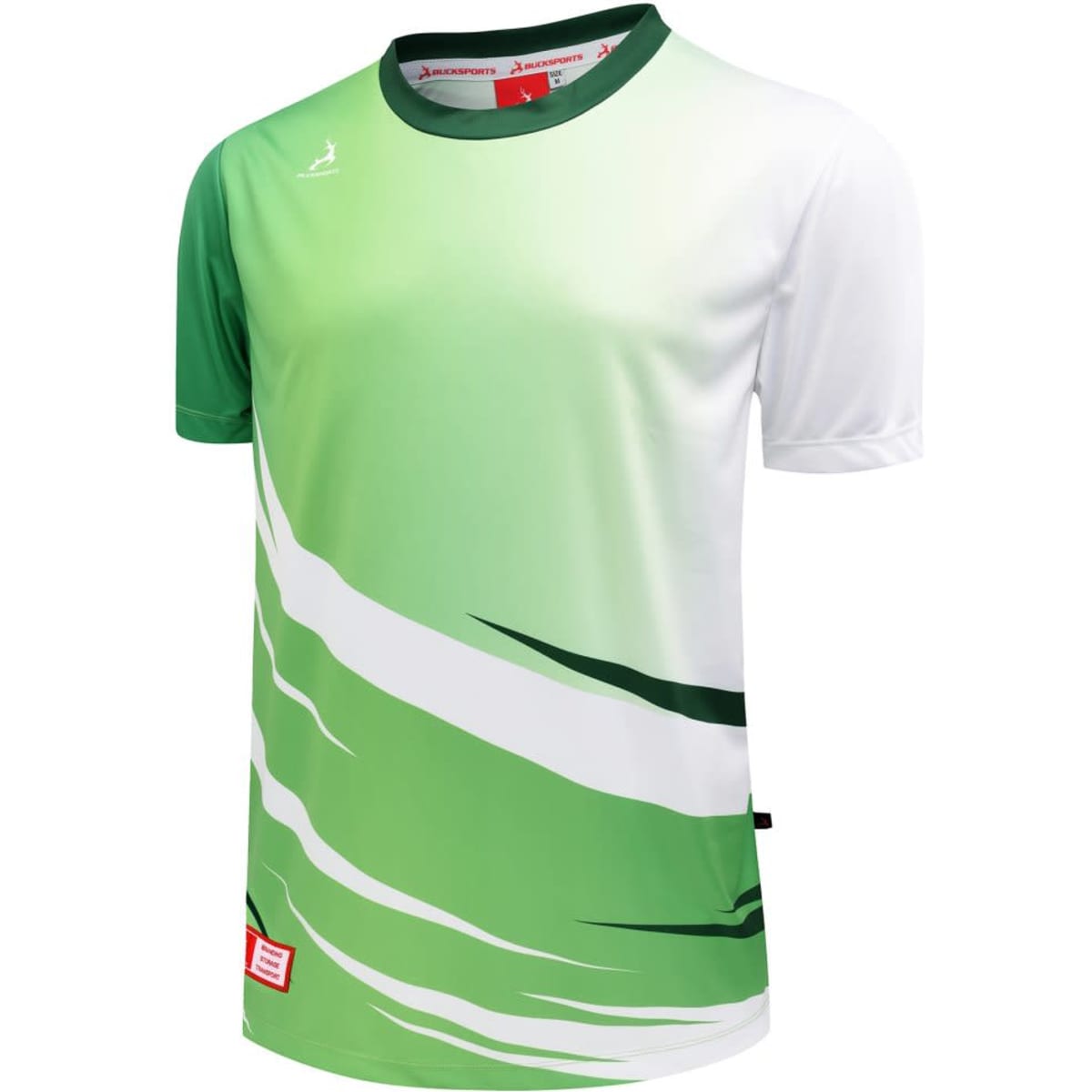 A green and white multi-sport t-shirt featuring dynamic wave patterns and a brand logo.