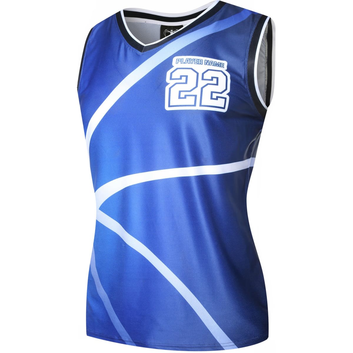 A blue basketball uniform man singlet featuring white patterns and a logo. Designed for performance and comfort.