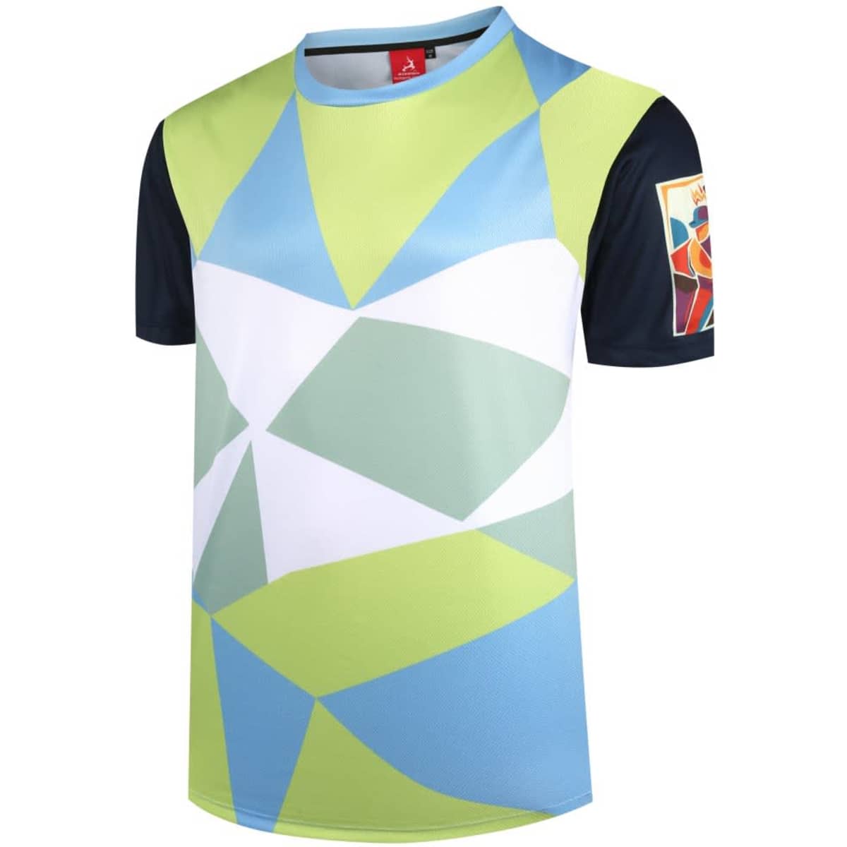A short-sleeved t-shirt in green, blue, and white with a geometric design and a logo on the sleeve.