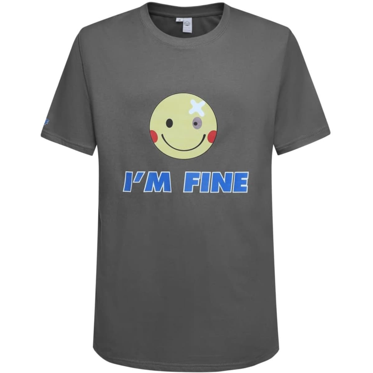 A grey cotton T-shirt featuring a smiley face graphic and the text "I'M FINE" below it, with a small logo on the sleeve.